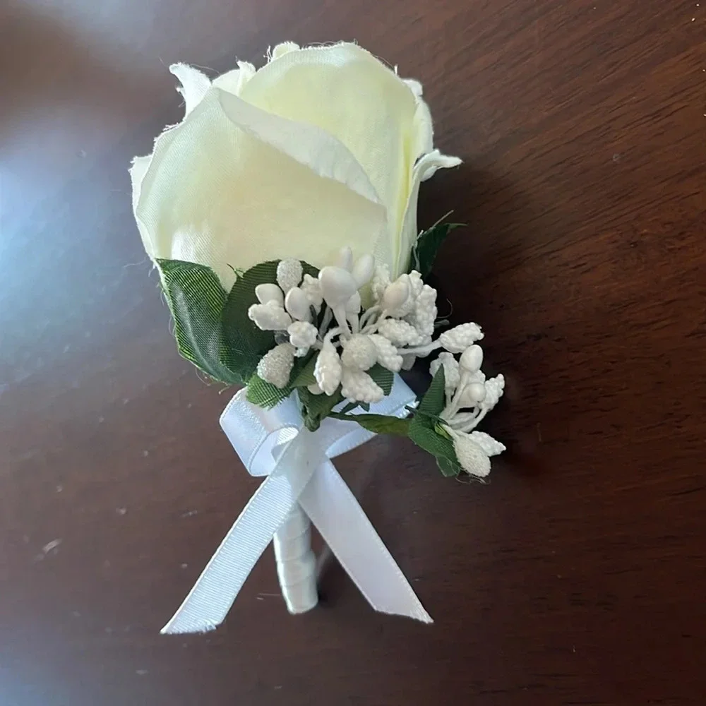 White Silk Like Rose Boutonniere - Wedding‎ Dance Boutonniere Prom